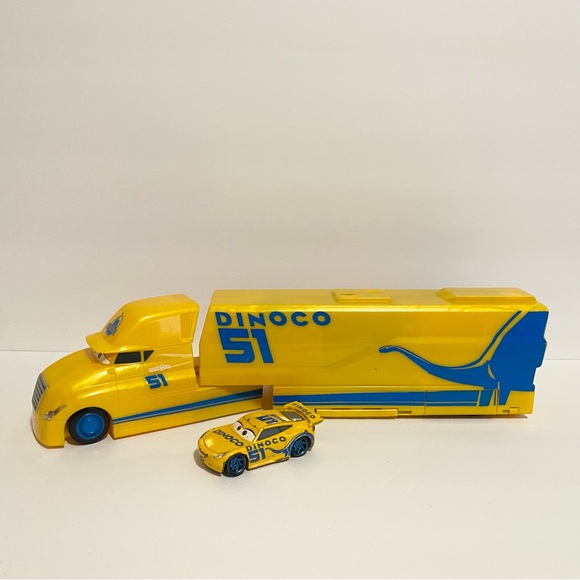 Disney Other - Disney Pixar Cars Cruz Ramirez Hauler Truck + Car Yellow Dinoco 51 Lot Vehicle